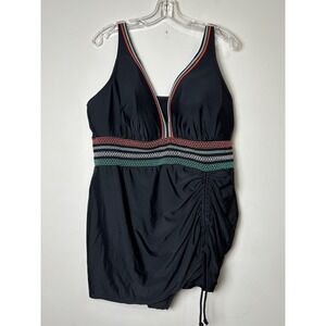 Cacique Swim One Piece Wireless Swimdress Size 22 Black Ruched Adjustable